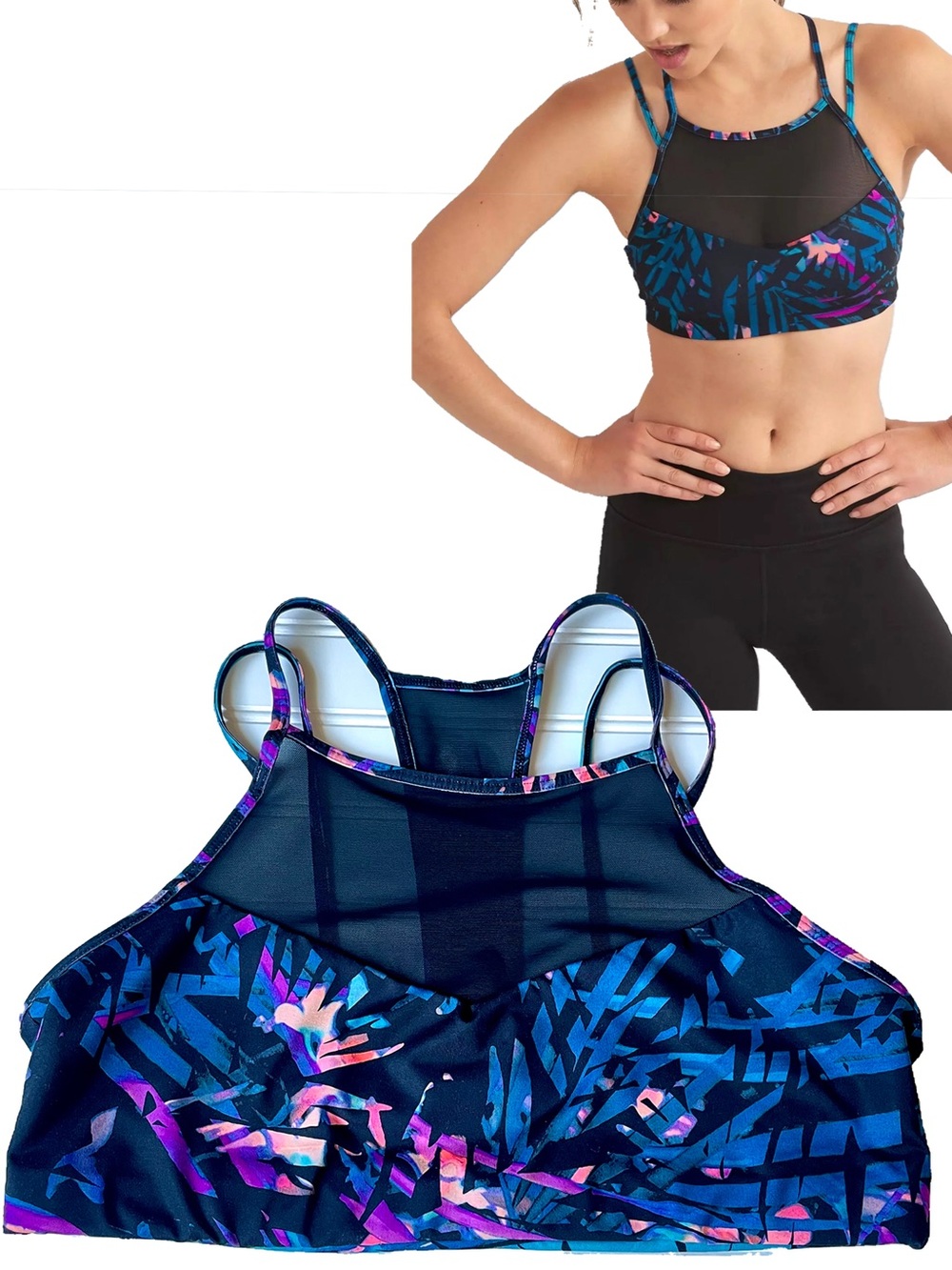 GapFit Coolmax Low Impact Strappy Sports Bra Mesh Front Tropical Blue Pink Sz L
